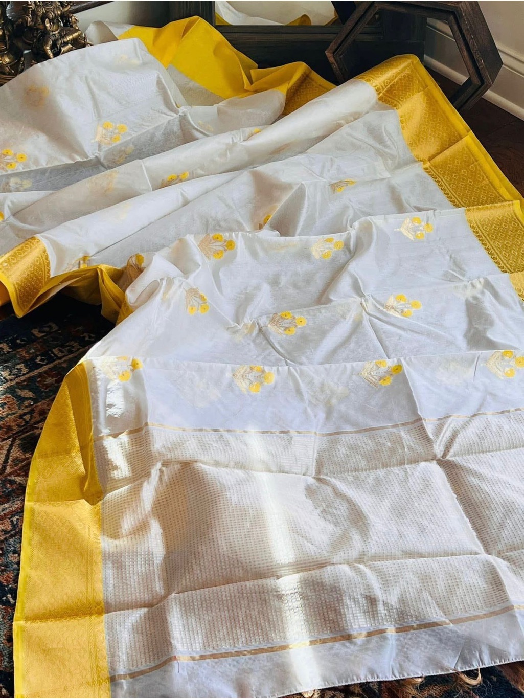 White Chandri Sari With Yellow Border And Floral Motif
